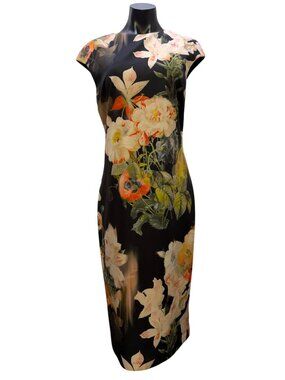 Ted Baker London Floral Print Black Multi Midi Dress Size 4